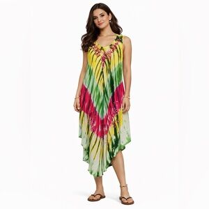 Riviera Sun Tie Dye Embroider Asymmetrical Dress Womens SZ XL Boho Hippie Gypsy